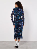 Load image into Gallery viewer, Floral Mesh Ruched Midi Dress in Teal
