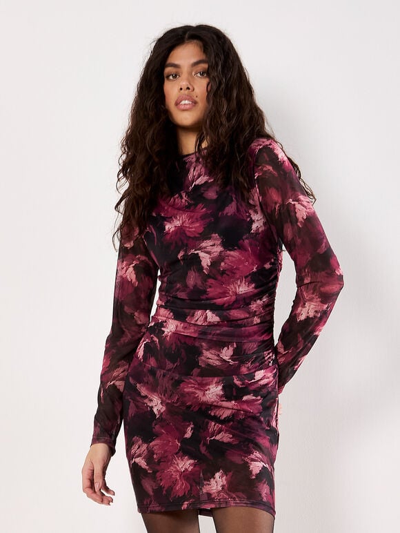 Paintbrush Floral Mesh Dress in Black