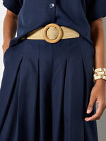 Load image into Gallery viewer, Belted Wide Leg Pleated Trousers in Navy
