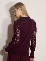 Load image into Gallery viewer, Ruffle Neck Crochet Sleeve Sweater in Burgundy
