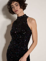 Load image into Gallery viewer, Velvet Sequin Halter Mini Dress in Multi
