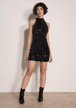 Load image into Gallery viewer, Velvet Sequin Halter Mini Dress in Multi
