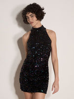 Load image into Gallery viewer, Velvet Sequin Halter Mini Dress in Multi
