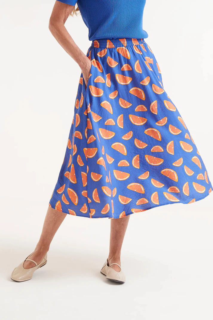 Orange Print Midi Skirt in Blue