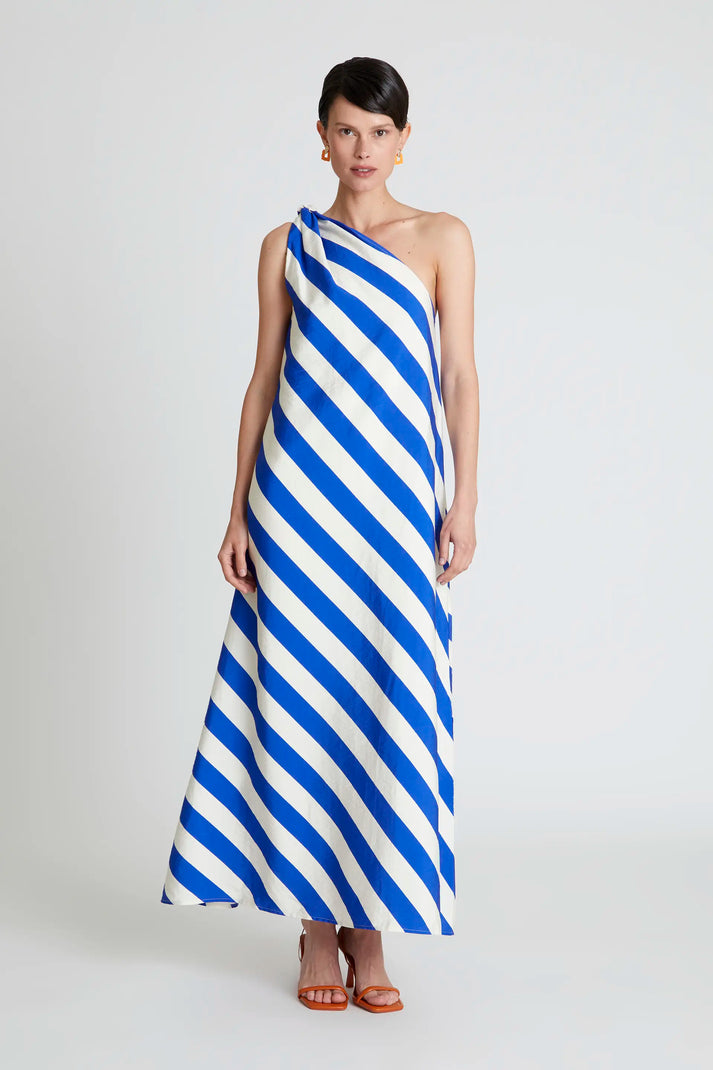 One Shoulder Maxi Dress in Blue and White Stripe