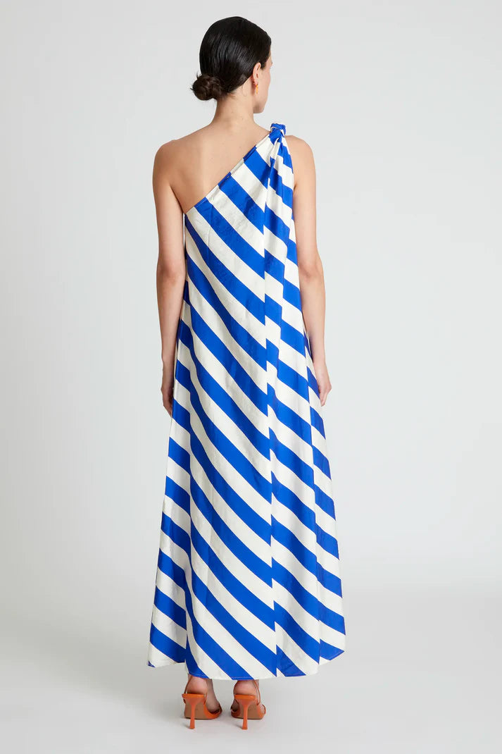 One Shoulder Maxi Dress in Blue and White Stripe