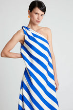 Load image into Gallery viewer, One Shoulder Maxi Dress in Blue and White Stripe

