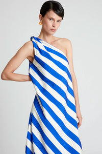 One Shoulder Maxi Dress in Blue and White Stripe