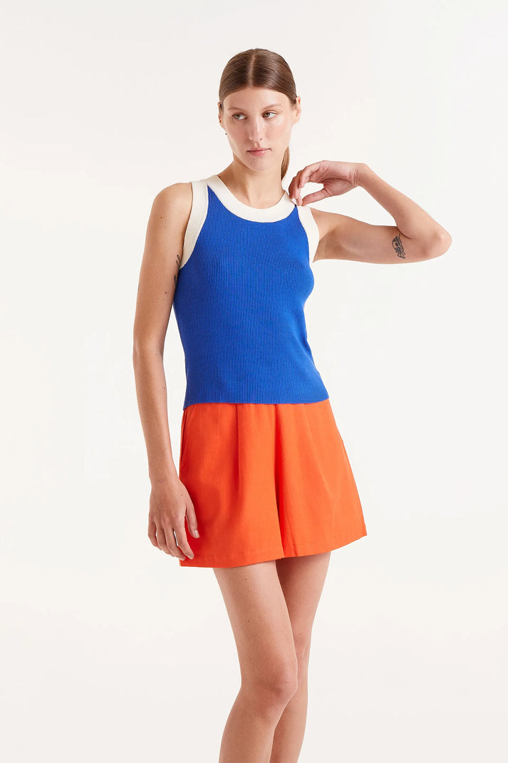 White Trim Knit Tank in Blue