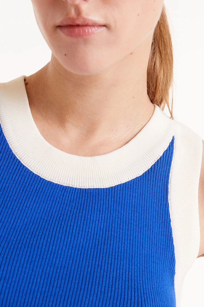 White Trim Knit Tank in Blue