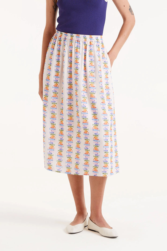 Rainbow Fish Midi Skirt in Off-White