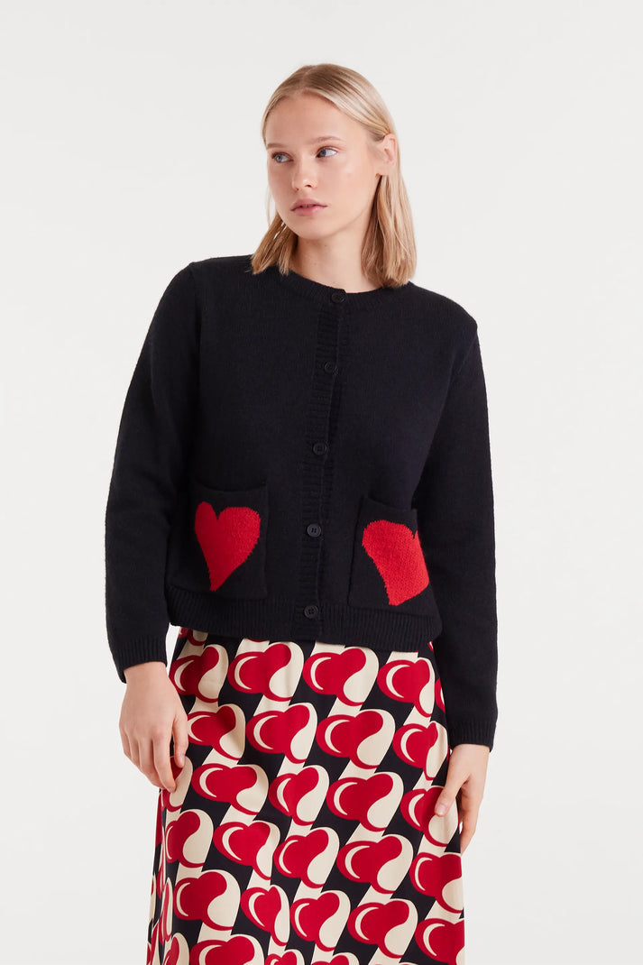 Heart Patch Pocket Cardigan in Black/Red