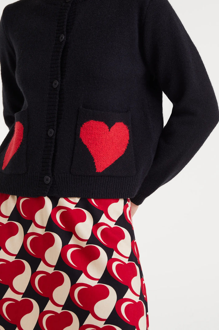 Heart Patch Pocket Cardigan in Black/Red