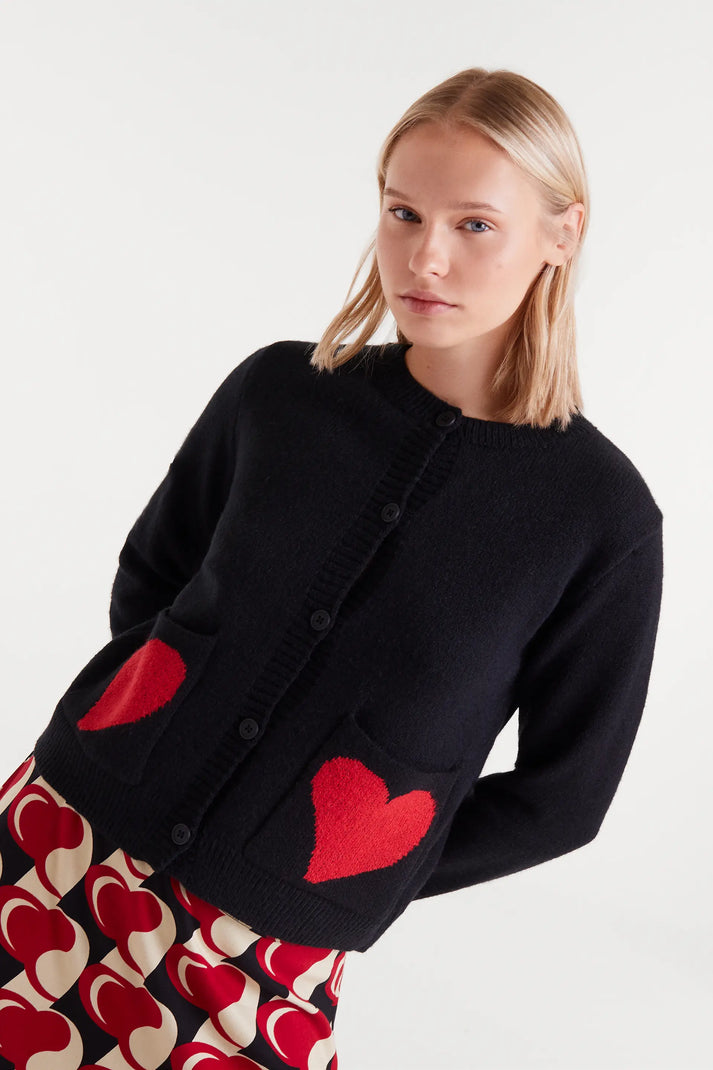 Heart Patch Pocket Cardigan in Black/Red