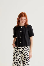 Load image into Gallery viewer, Short Sleeve Cotton Top with Heart Buttons in Black
