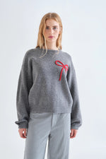 Load image into Gallery viewer, Red Bow Jumper in Grey
