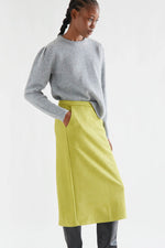 Load image into Gallery viewer, Faux Suede Midi Skirt in Chartreuse
