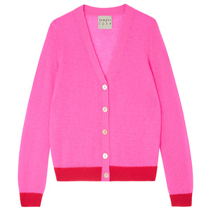 Contrast Cashmere Cardigan in Hot Pink/Cherry