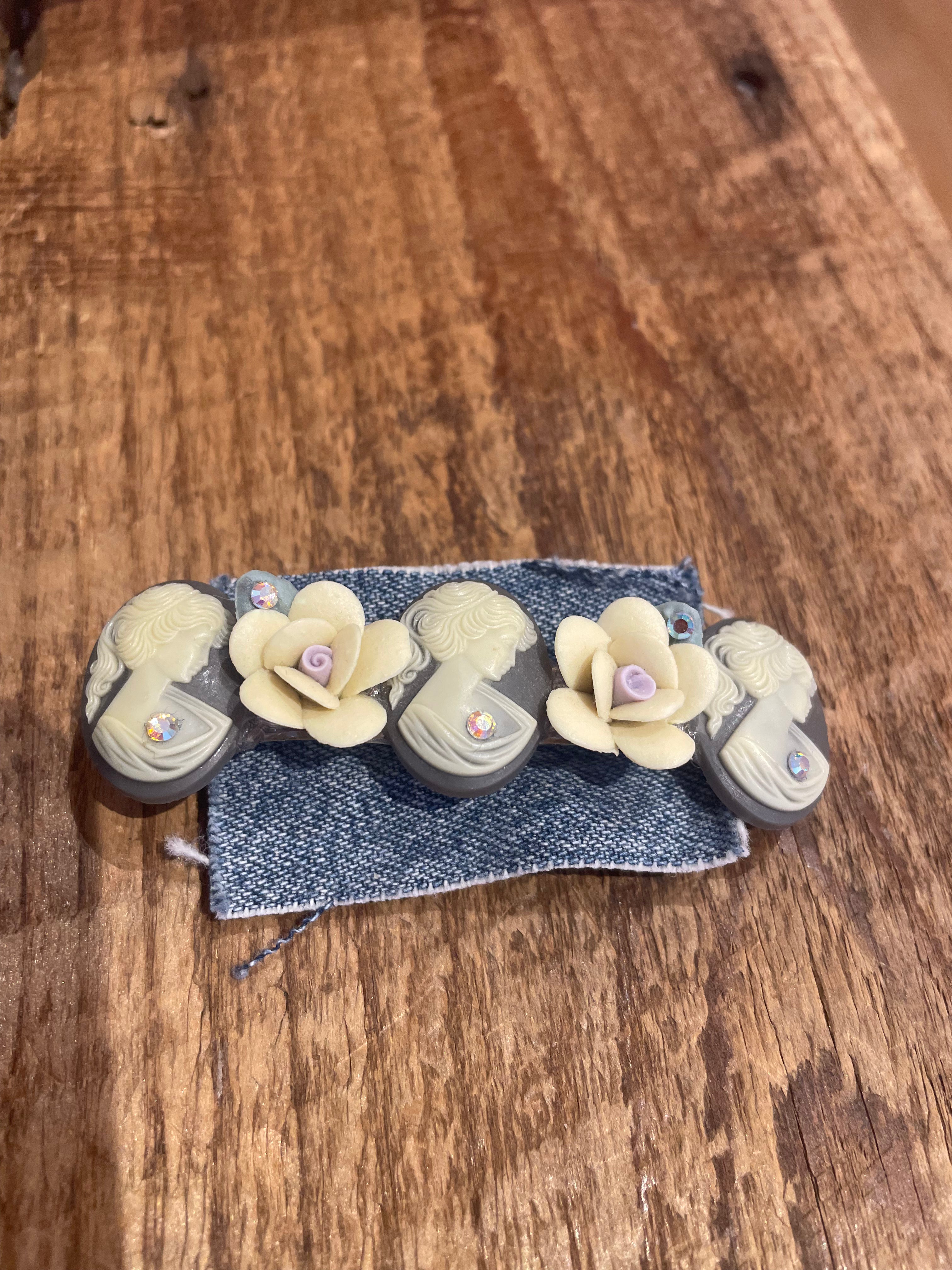 Cameo and Porcelain Flower Barrette in Washed Black