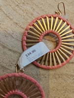 Load image into Gallery viewer, Gold Disk Earrings with Woven Rim in Coral
