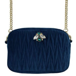 Load image into Gallery viewer, Velvet Rivington Bag in Navy with Bee Brooch
