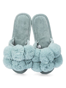 Luxe Pom Pom Open Toe Slippers in Sea Blue