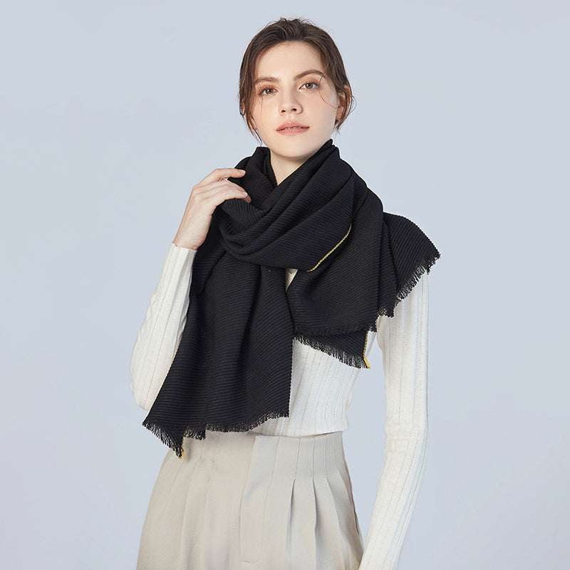 Pleated Shawl With Contrast Trim in Black
