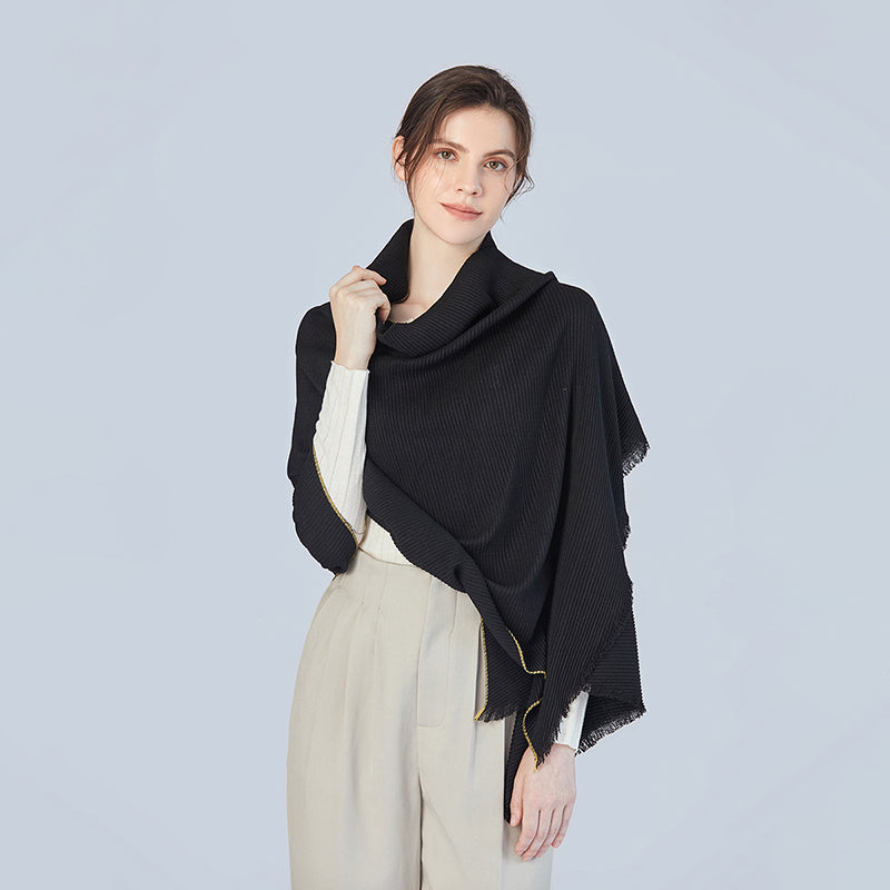 Pleated Shawl With Contrast Trim in Black