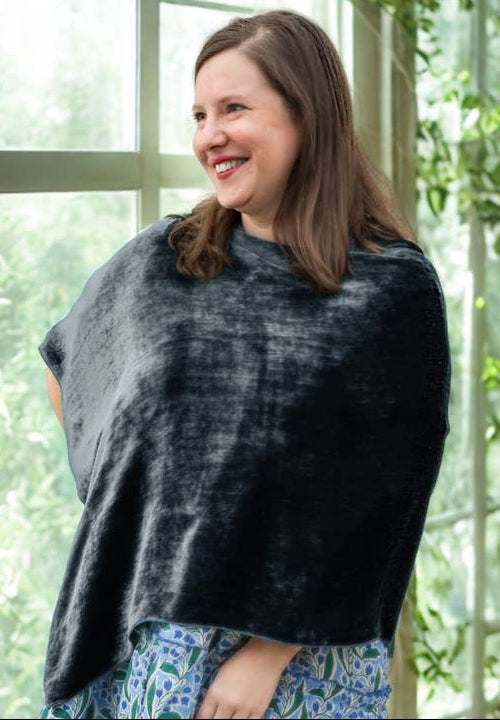 Silk Velvet Poncho Wrap in Navy