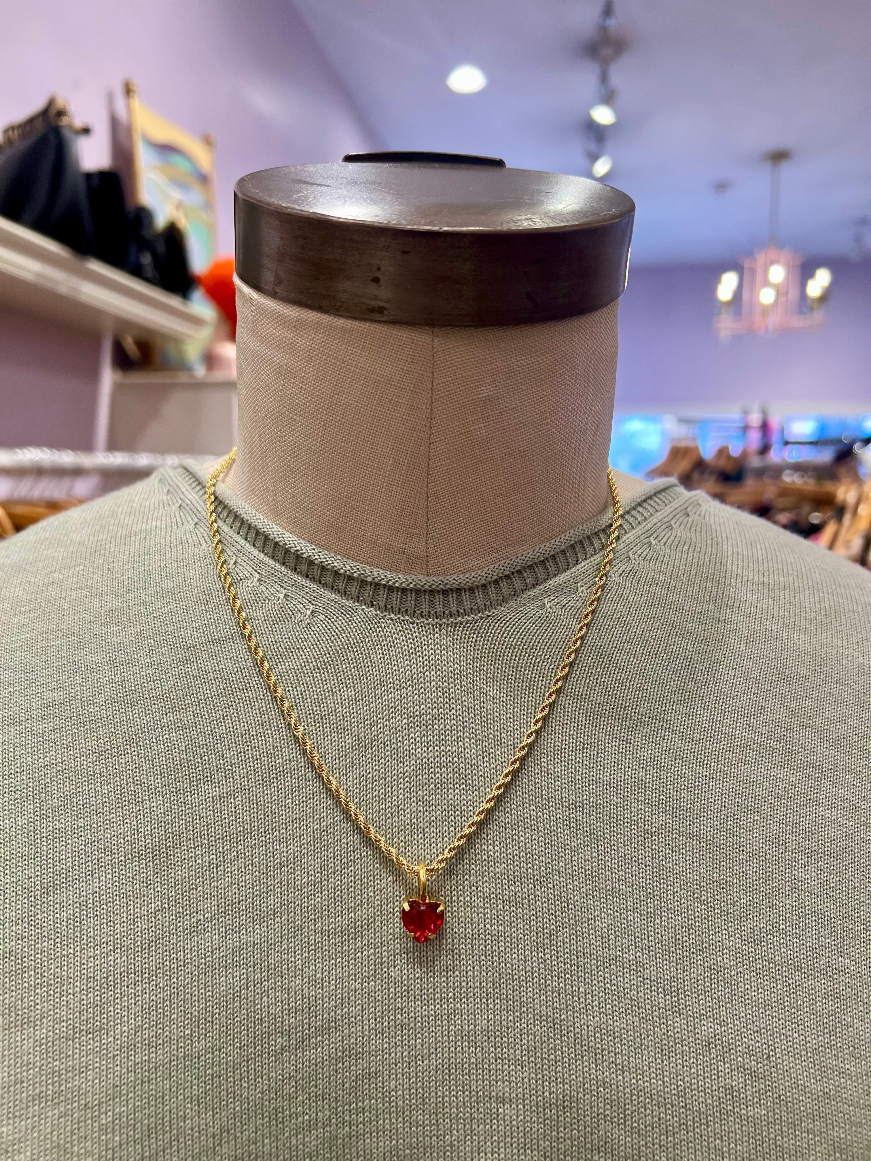 Rope Chain Heart Charm Necklace in Ruby