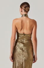 Load image into Gallery viewer, Marissa Halter Neck Midi Dress in Gold
