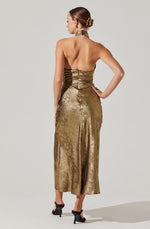 Load image into Gallery viewer, Marissa Halter Neck Midi Dress in Gold
