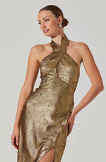 Load image into Gallery viewer, Marissa Halter Neck Midi Dress in Gold
