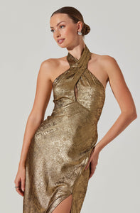 Marissa Halter Neck Midi Dress in Gold