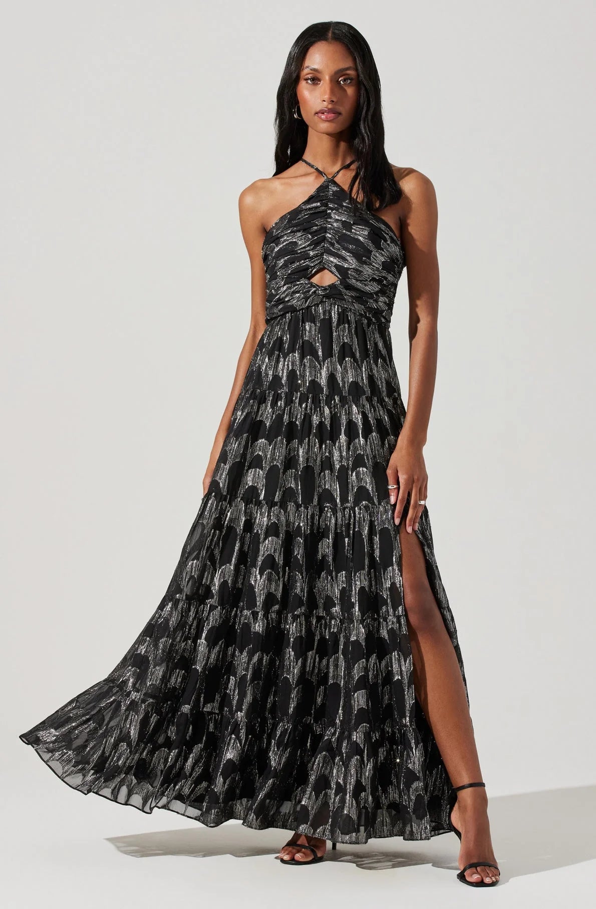 Madeline Metallic Halter Maxi Dress in Black/Silver