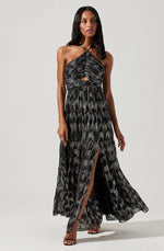 Load image into Gallery viewer, Madeline Metallic Halter Maxi Dress in Black/Silver
