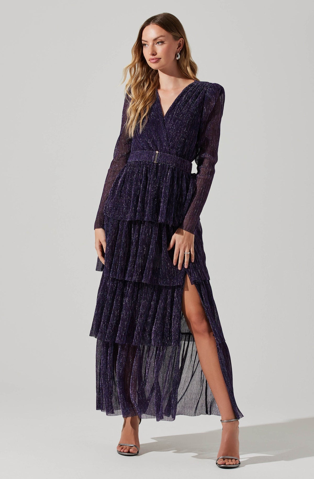 Danielle Metallic Tiered Ruffle Maxi Dress in Purple Multi