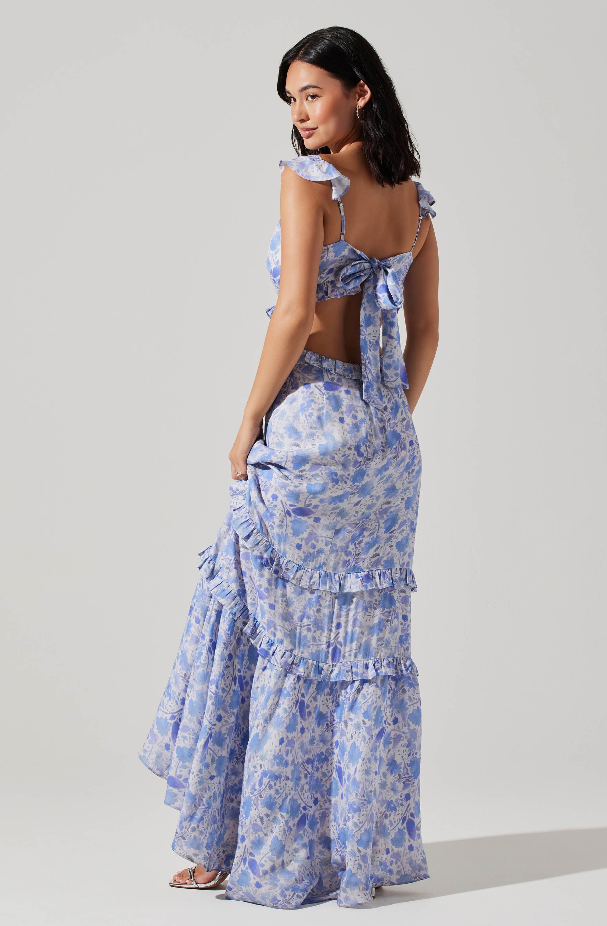 Cassis Floral Ruffle Maxi Dress in Blue
