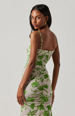 Load image into Gallery viewer, Palmero Floral Ruched Midi Dress in Taupe Green
