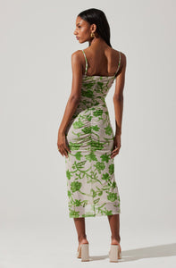 Palmero Floral Ruched Midi Dress in Taupe Green