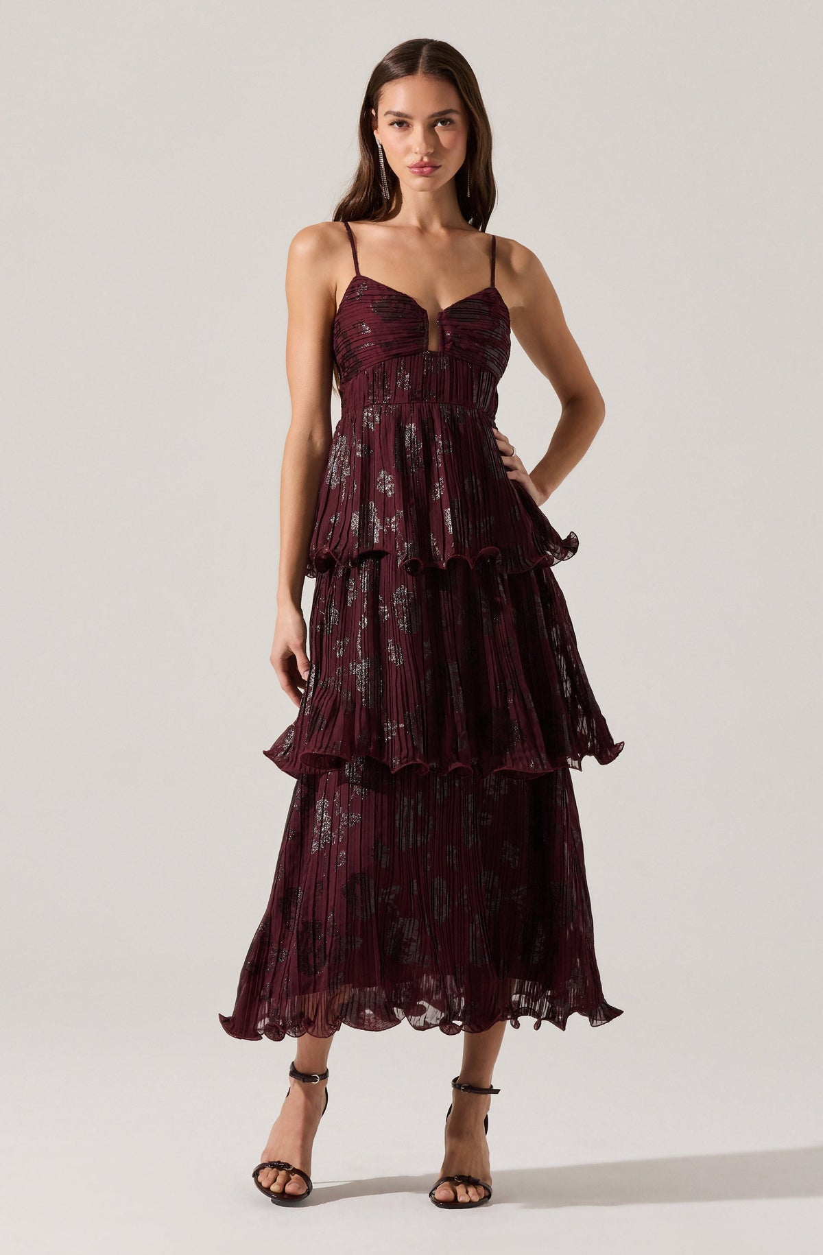 Lupin Pleated Tiered Maxi Dress in Wine Floral