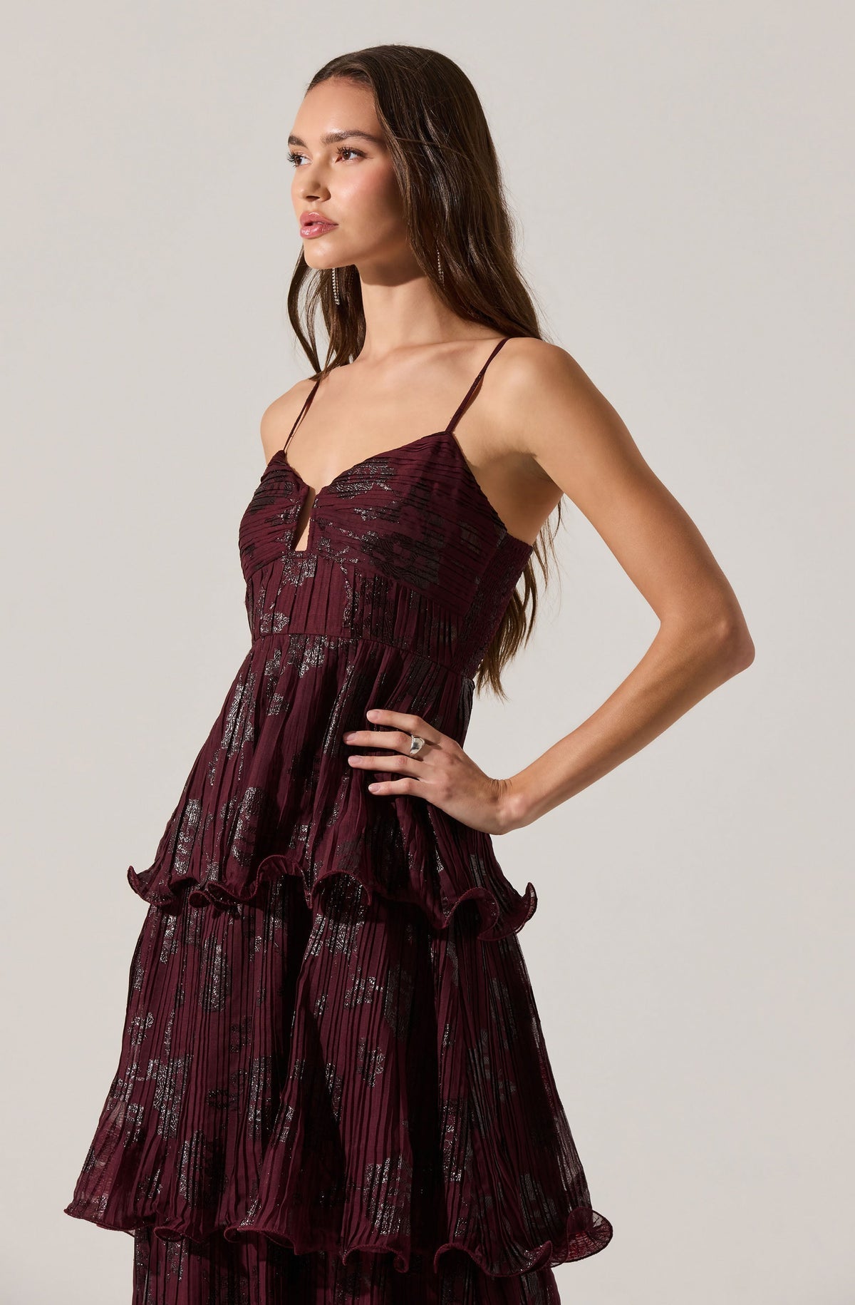 lace ruffle sleeve maxi dress in wine Goddiva Puff Sleeve Tiered Hem Maxi Dress