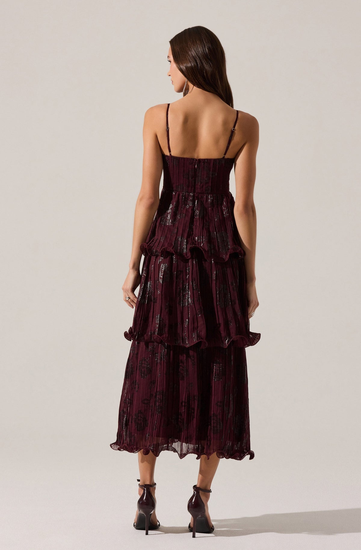 Lupin Pleated Tiered Maxi Dress in Wine Floral