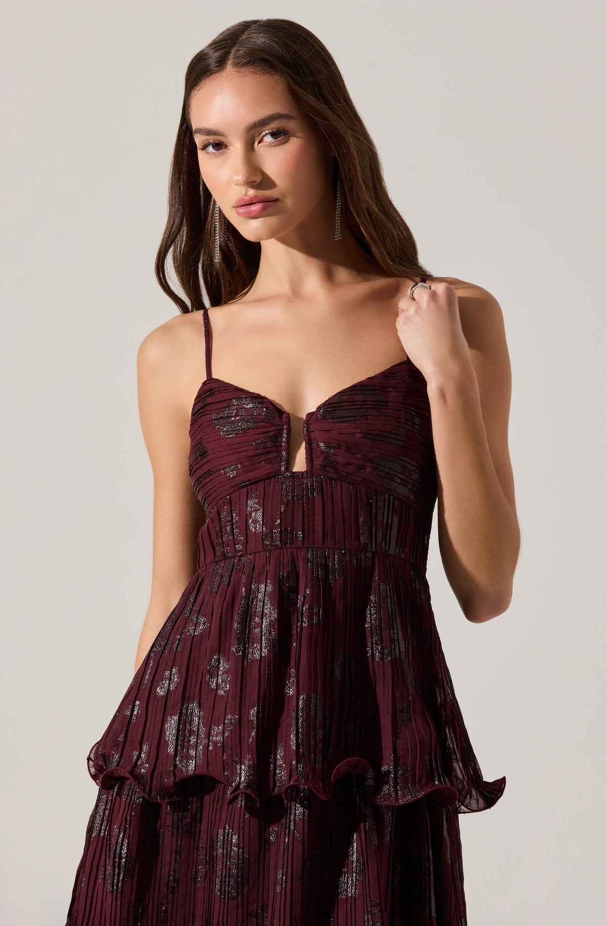Lupin Pleated Tiered Maxi Dress in Wine Floral