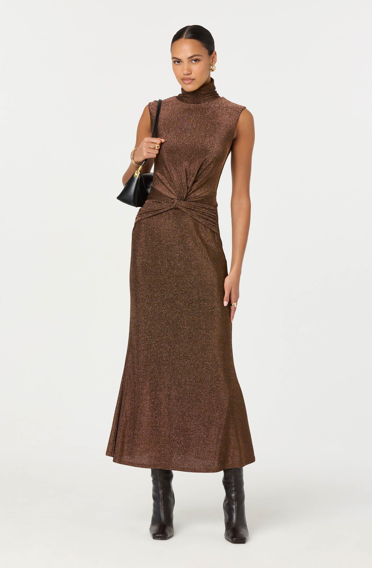 Riana Metallic Twist Front Maxi Dress in Brown Metallic