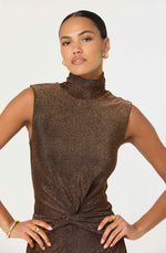Load image into Gallery viewer, Riana Metallic Twist Front Maxi Dress in Brown Metallic
