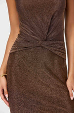 Load image into Gallery viewer, Riana Metallic Twist Front Maxi Dress in Brown Metallic
