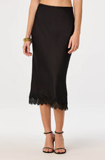 Load image into Gallery viewer, Blossom Satin Lace-Trim Midi Skirt in Black
