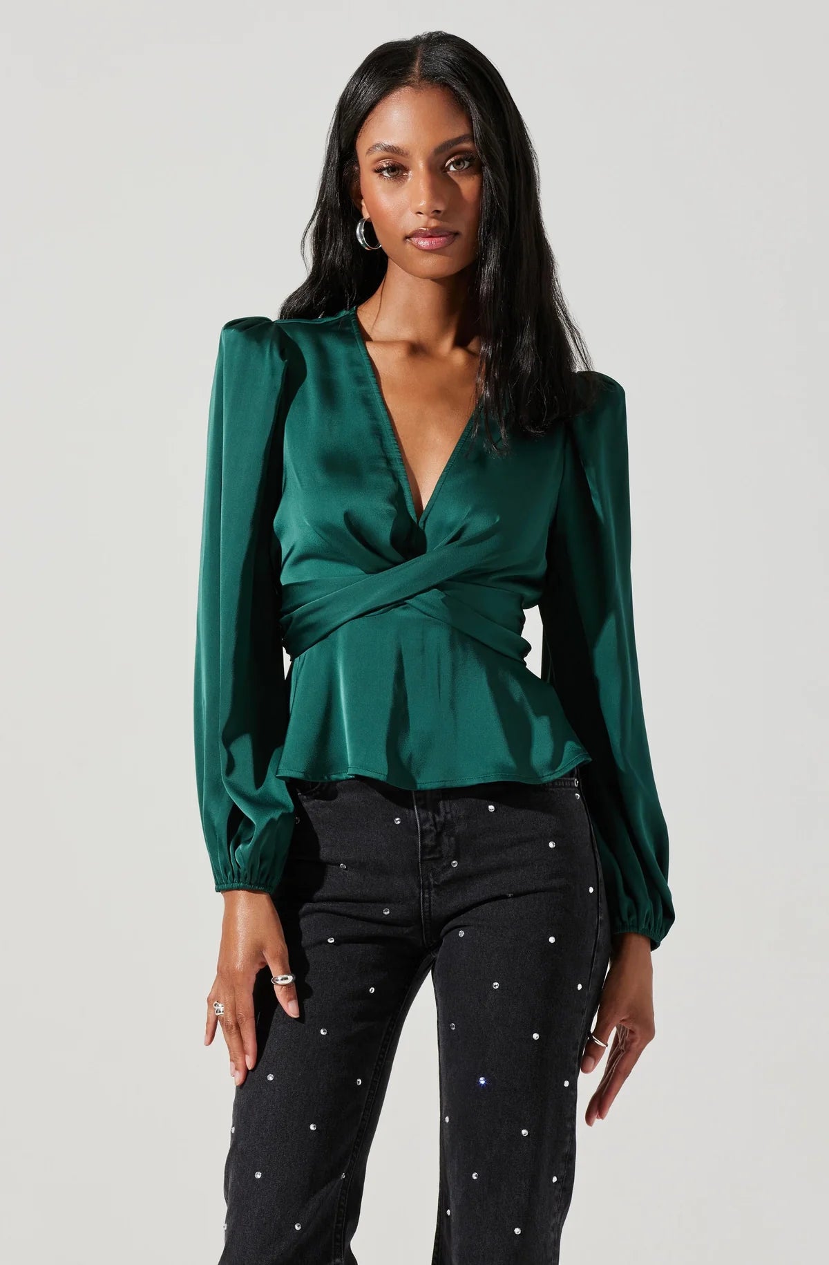Eliana Puff Sleeve Blouse in Forest Green