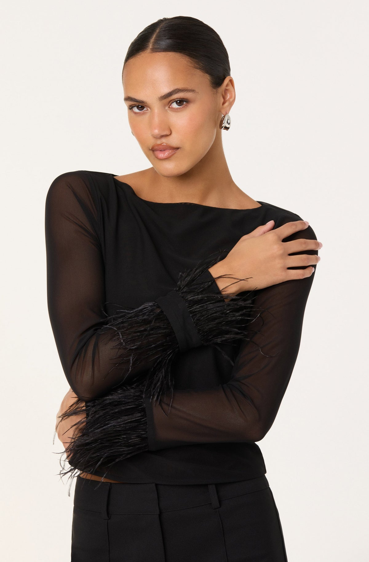 Brisa Mesh Feather Trim Top in Black